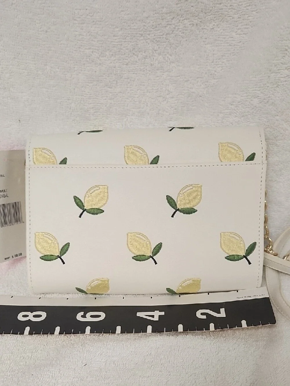 Betsey Johnson Cream Crossbody with Lemon Embroideries and Gold Chain